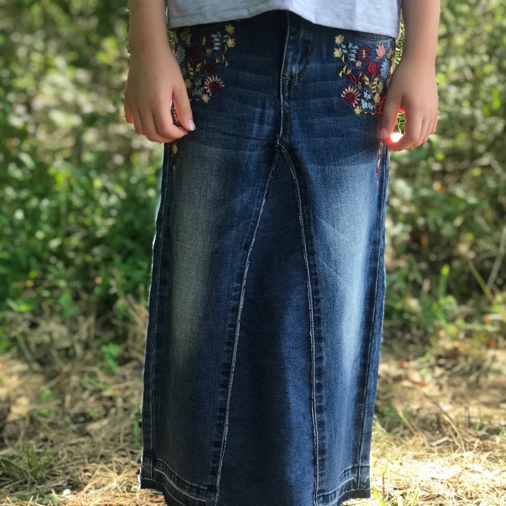 Girls embroidered floral denim skirts
